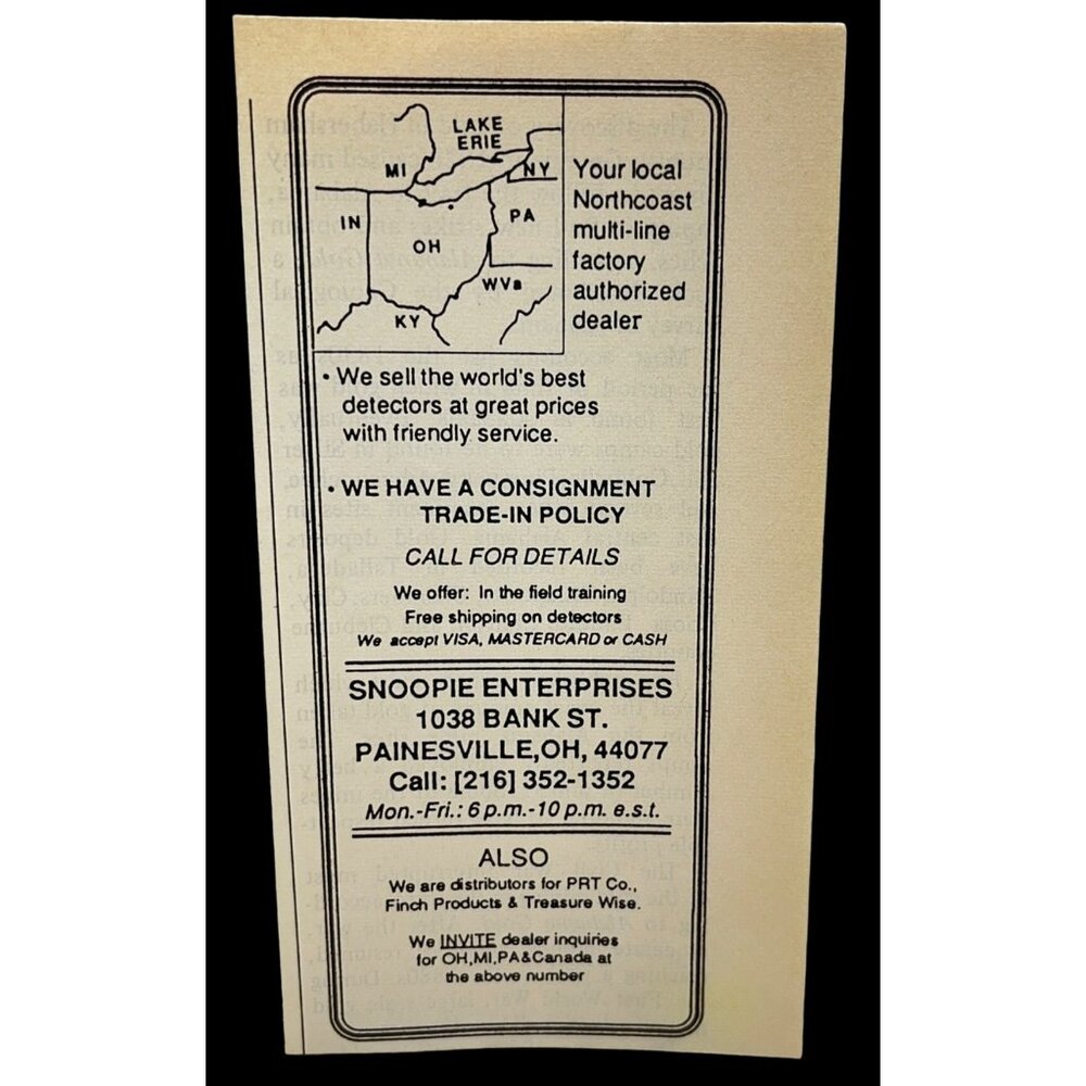 Snoopie Enterprises Mini Print Ad Vtg 80s Gold Metal Detecting Painesville OH